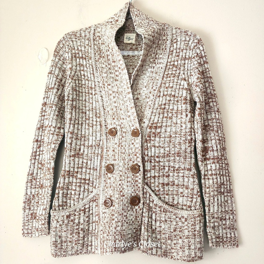 Cozy Knit Cardigan Double Breasted Oatmeal/Brown Sz‎ M Cottage Preppy Grandma